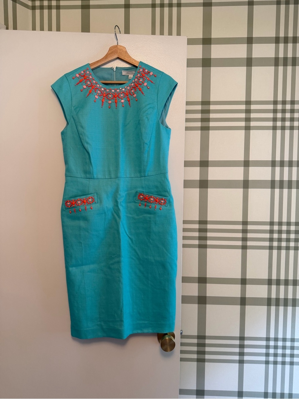 NWT Brooks Brothers Turquoise Midi Dress with Coral Bead Embellishment